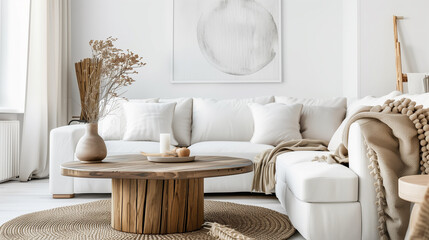 Round wood coffee table against white sofa. modern living room.