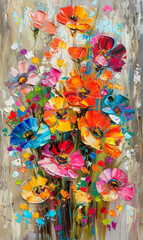 Fototapeta na wymiar A painting of vibrant flowers in a vase, showcasing different colors and varieties in a realistic style.