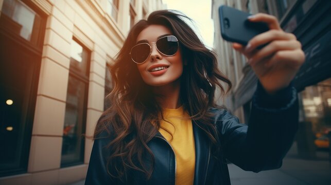 Woman wearing sunglasses shares selfie, reflection of city buildings, casual elegance of city life.