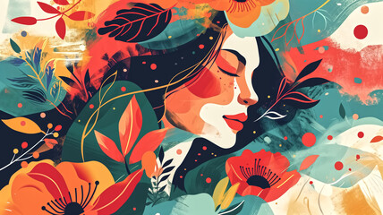 An artistic illustration of a peaceful woman's face immersed in a rich tapestry of colorful flowers and foliage. 