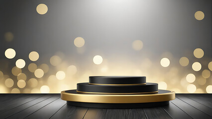 golden podium for the product, background with bokeh effect