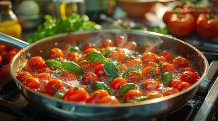 Sautéed cherry tomatoes with basil in a pan. A fragrant dish for a vegetarian dinner.