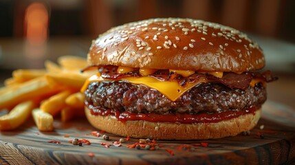 Appetizing cheeseburger with a juicy patty, cheese, and bacon and potatoes, fries.