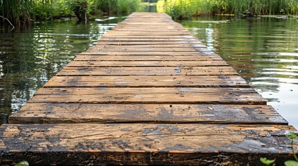 Tranquil wooden dock on serene lake, perfect for text overlay in peaceful natural setting