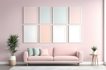 A living room in pastel colors with a white couch and a potted plant