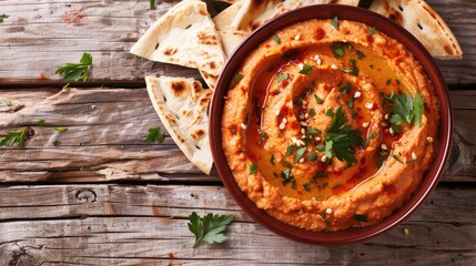 Roasted red pepper hummus with pita bread on wooden background.  - obrazy, fototapety, plakaty