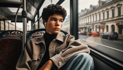 A teenage boy sitting in a bus window seat, wearing earphones listening to music and looking out at the city streets on public transit.