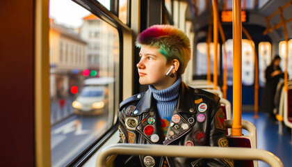 A punk rock teenage emo girl sitting in a bus window seat, gazing out at the city from public transit
