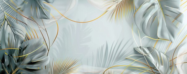 Luxury gold nature background. Floral pattern, Golden bananas, palms, exotic flowers, line arts illustration. AI generated illustration - obrazy, fototapety, plakaty