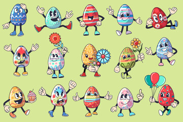 Cartoon happy Easter Groovy eggs set. cute holiday personage - 759977564