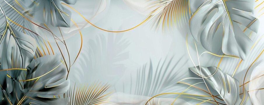 Fototapeta Luxury gold nature background. Floral pattern, Golden bananas, palms, exotic flowers, line arts illustration. AI generated illustration