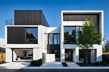 The two white houses are modern and sleek, with black trim and large windows