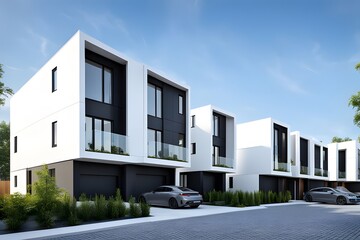The two white houses are modern and sleek, with black trim and large windows - obrazy, fototapety, plakaty
