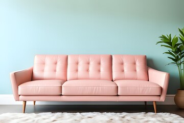 A pink couch is sitting in front of a green wall