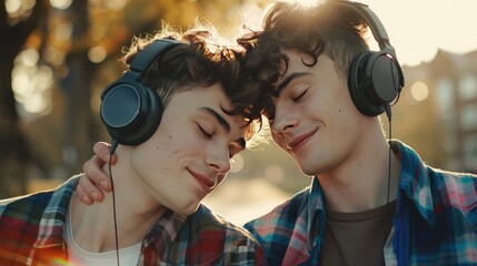 Male LGBT couple in love. Handsome young guys in headphones listen to music together. - obrazy, fototapety, plakaty