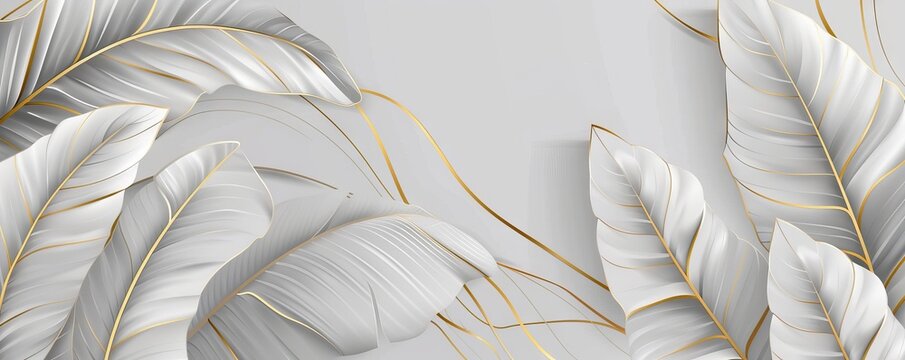 Naklejki Luxury gold nature background. Floral pattern, Golden bananas, palms, exotic flowers, line arts illustration. AI generated illustration