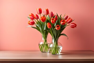 A vase of red tulips sits on a wooden table