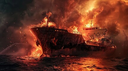 fire in the seaport burning ship, cargo ship - obrazy, fototapety, plakaty