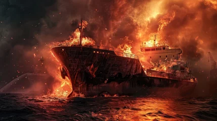 Foto op Canvas fire in the seaport burning ship, cargo ship © YarikL
