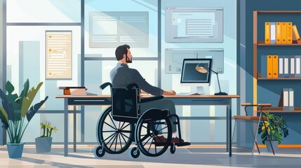 Illustration of a man in a wheelchair working at a modern office desk with multiple screens, surrounded by plants and bookshelves in a bright workspace.