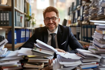 Funny smiling happy business man in suit and glasses working at the desk on his workplace at office with a pile of folders and a stack of papers. Accountant making calculations analyzing company - obrazy, fototapety, plakaty