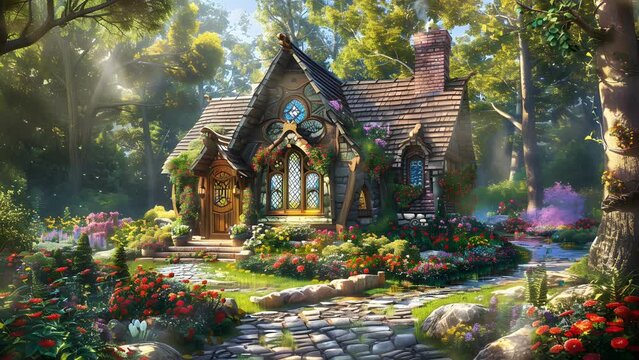 Charming woodland cabin enveloped in vibrant flowers, a picturesque haven in the woods. Seamless Looping 4k Video Animation