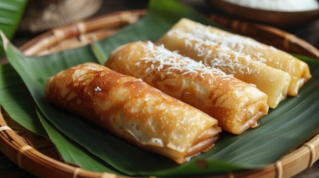 Dadar gulung or rolled pancakes are a typical Indonesian and Malaysian food which can be classified as a pancake filled with grated coconut mixed with liquid palm sugar