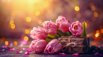 Springtime bloom, vibrant tulips and soft violet blossoms