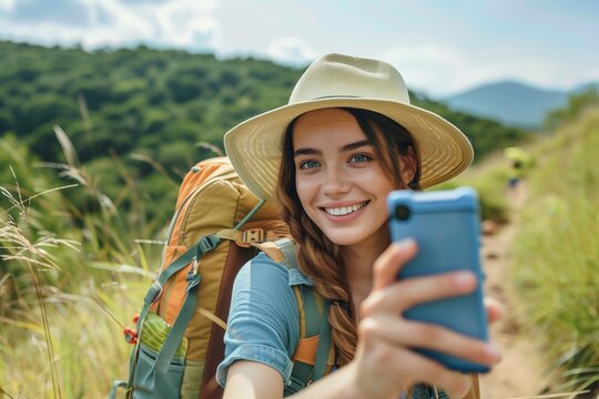 Happy female tourist with backpack taking selfie picture with smart mobile phone outside - Millenial woman having fun on adventure trip - Traveling and technology