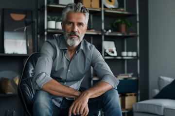 Portrait of bearded middle aged gray haired businessman posing in office. Handsome confident executive businessman in smart casual wear sitting on chair and looking at camera