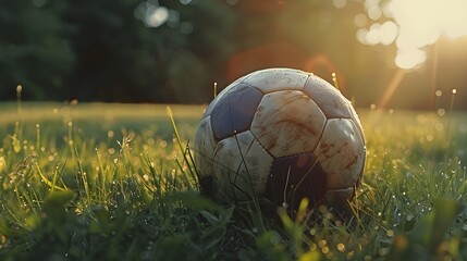 Abandoned old soccer ball on the field.