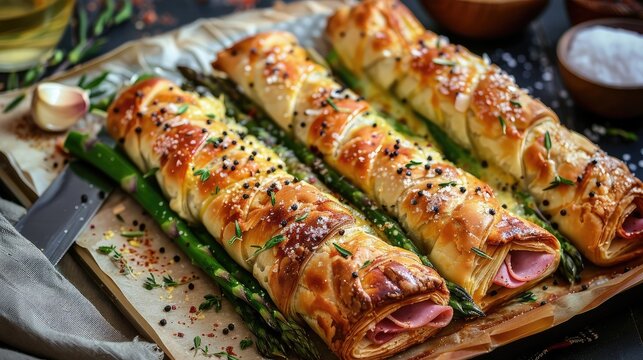 Baked Green Asparagus With Ham And Cheese In Puff Pastry Sprinkled.