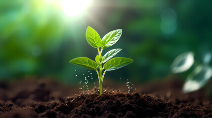 Seedlings sprouting in fertile soil at sunrise - obrazy, fototapety, plakaty