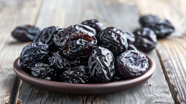 a pile of prunes on plate on a wooden table in the kitchen close-up