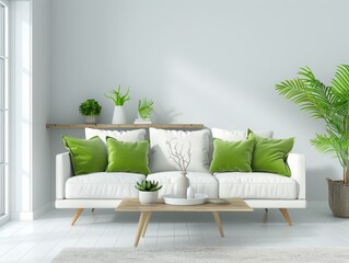 White sofa with green pillows and coffee table near window against gray wall in the living room. Minimalist home interior design of a modern apartment.
