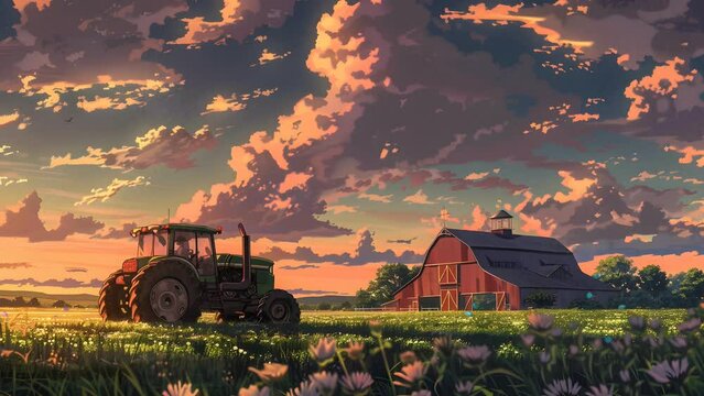 Rustic farm scene with a tractor tilling the land, barn peeking through in the background. Seamless Looping 4k Video Animation