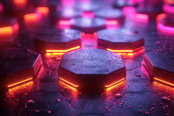 Purple background with orange hexagons. The squares are lit up and appear to be glowing. The image has a futuristic and technological feel to it