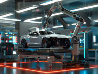 A robotic arm precisely installing parts on a sports car in a modern, illuminated automotive factory