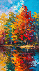 Fototapeta na wymiar A painting showcasing a lake with vibrant, colorful trees lining its shores.