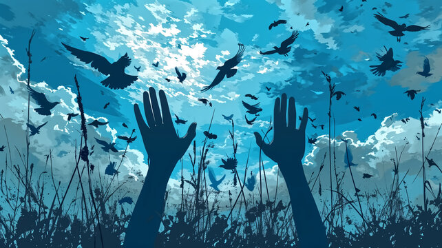 Graphic illustration of hands reaching towards the sky filled with the silhouettes of birds in flight among clouds.
