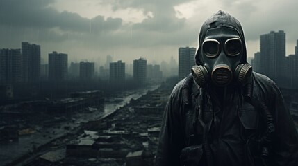 Amidst the ruins, a lone survivor clad in a gas mask and protective suit-an eerie vision of post-apocalyptic solitude.