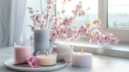 Fototapeta na wymiar Pink burning candles on a table by the window with a vase with blooming sapura