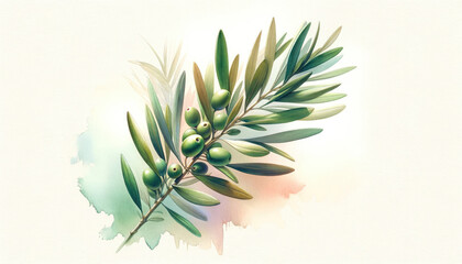 Watercolor illustration of an olive branch with delicate leaves and ripe olives symbolizing peace and natural beauty. Palm Sunday. Christianity concept.