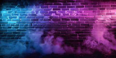 Abstract brick wall bathed in purple and blue neon lights, with a soft fog rising from the base