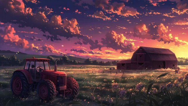 Rural scene with a tractor working in a field, barn standing tall in the background. Seamless Looping 4k Video Animation