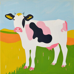 Funny card for birthday. Portrait of white and black cow on bright blue and yellow background - 759982783