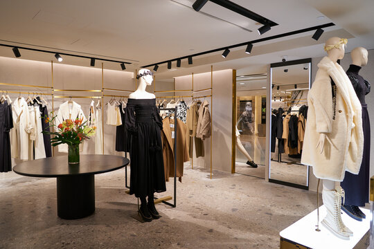 HONG KONG, CHINA - DECEMBER 05, 2023: interior shot of Max Mara store in Harbour City. Harbour City is a shopping centre in Tsim Sha Tsui, Kowloon.