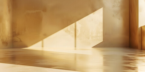 Minimalist product stage with a glossy golden floor, reflecting a soft, warm light to highlight the product's elegance 