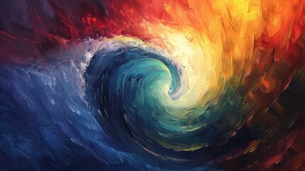 An abstract painting depicting a vibrant, multicolored wave with dynamic movement and energy.