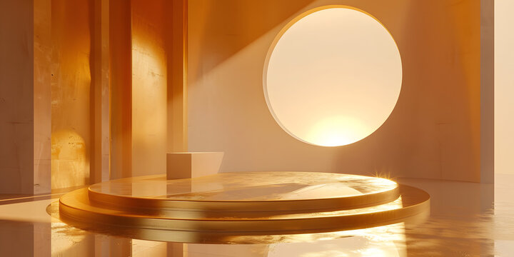 Minimalist product stage with a glossy golden floor, reflecting a soft, warm light to highlight the product's elegance 